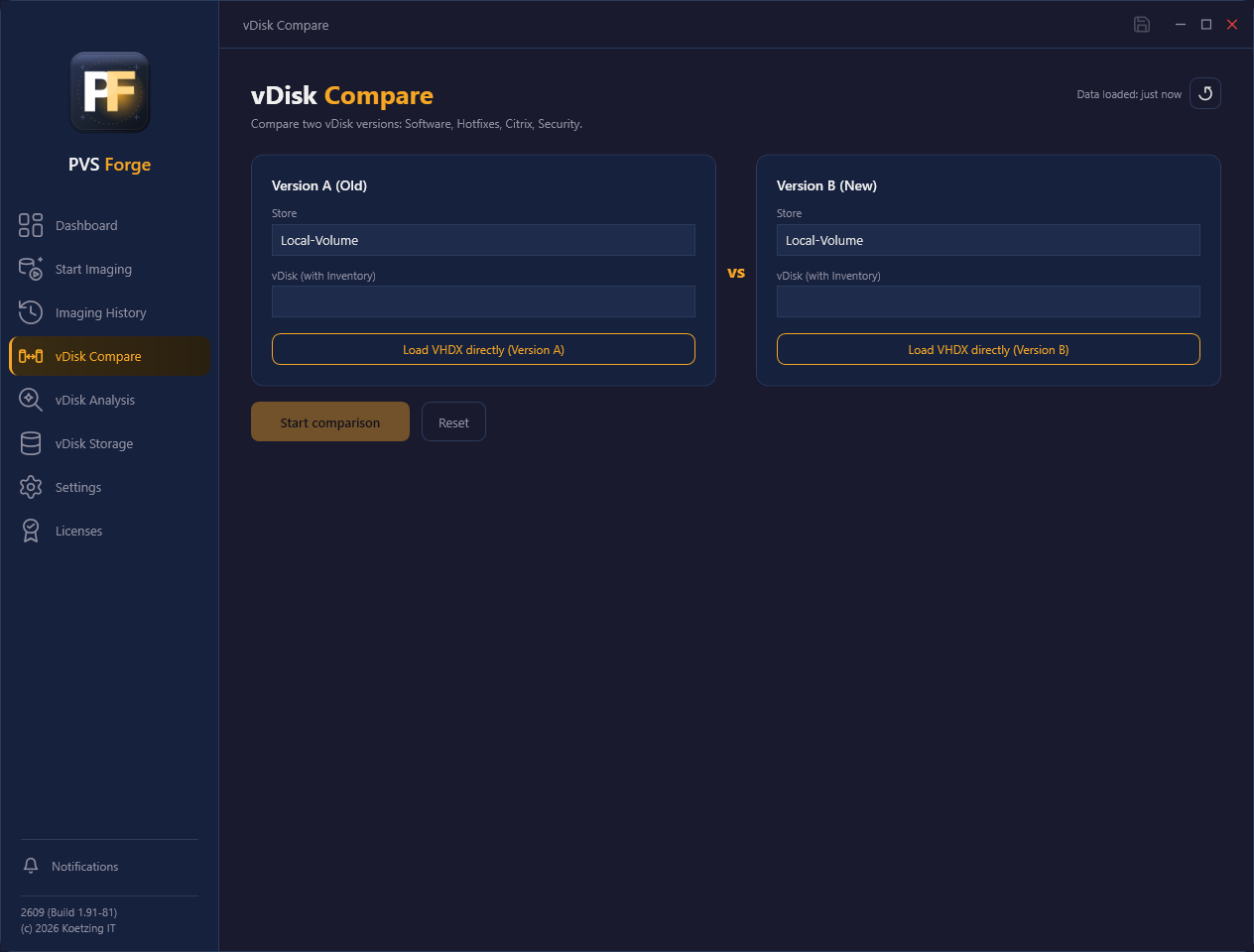 The vDisk Compare page with two versions selected side by side