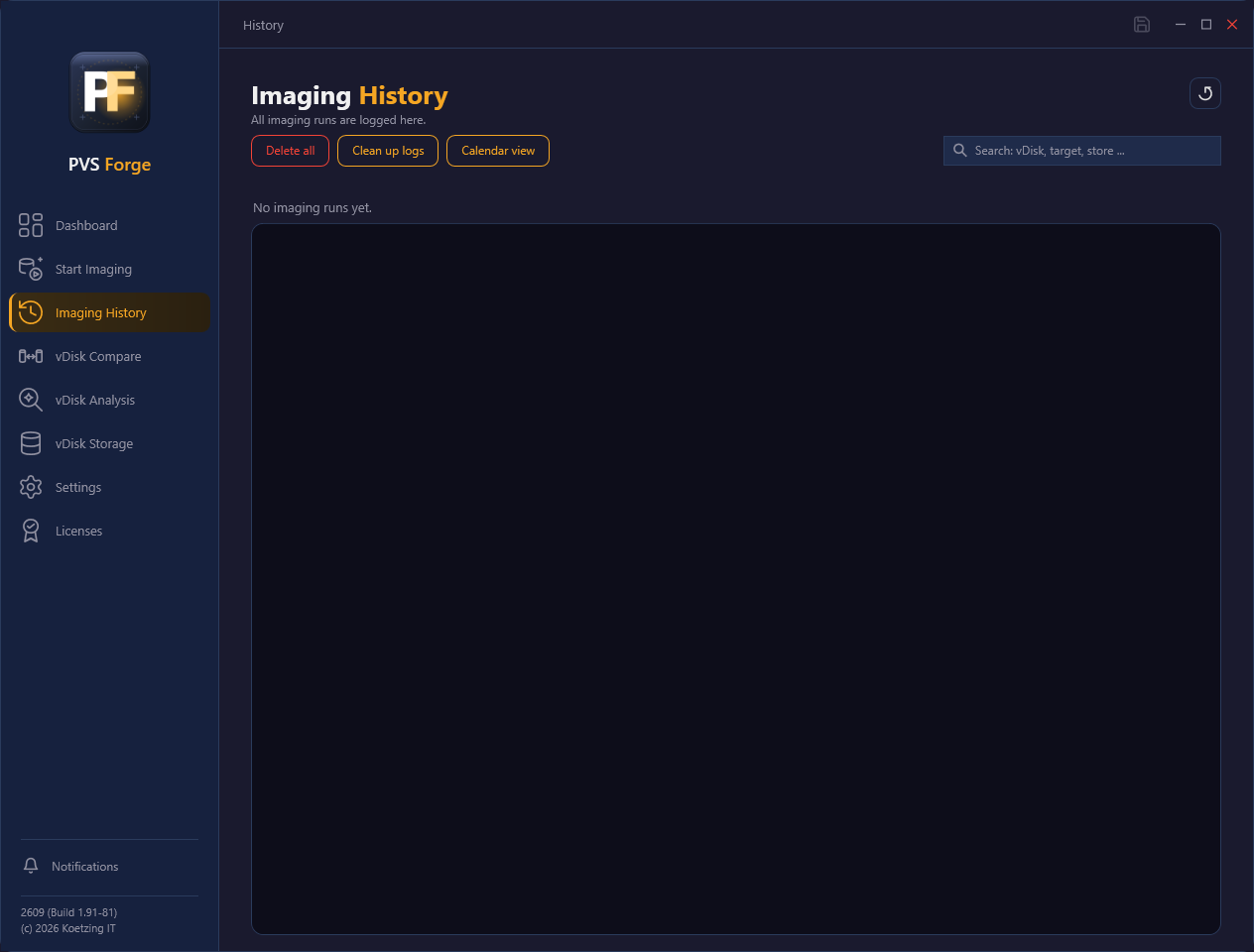 The Imaging History page with search, cleanup and calendar view
