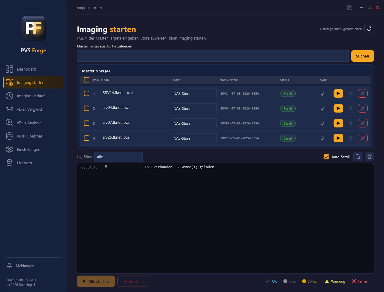 Die Seite „Imaging starten" mit Master Targets, Store-Zuweisung und Live-Log