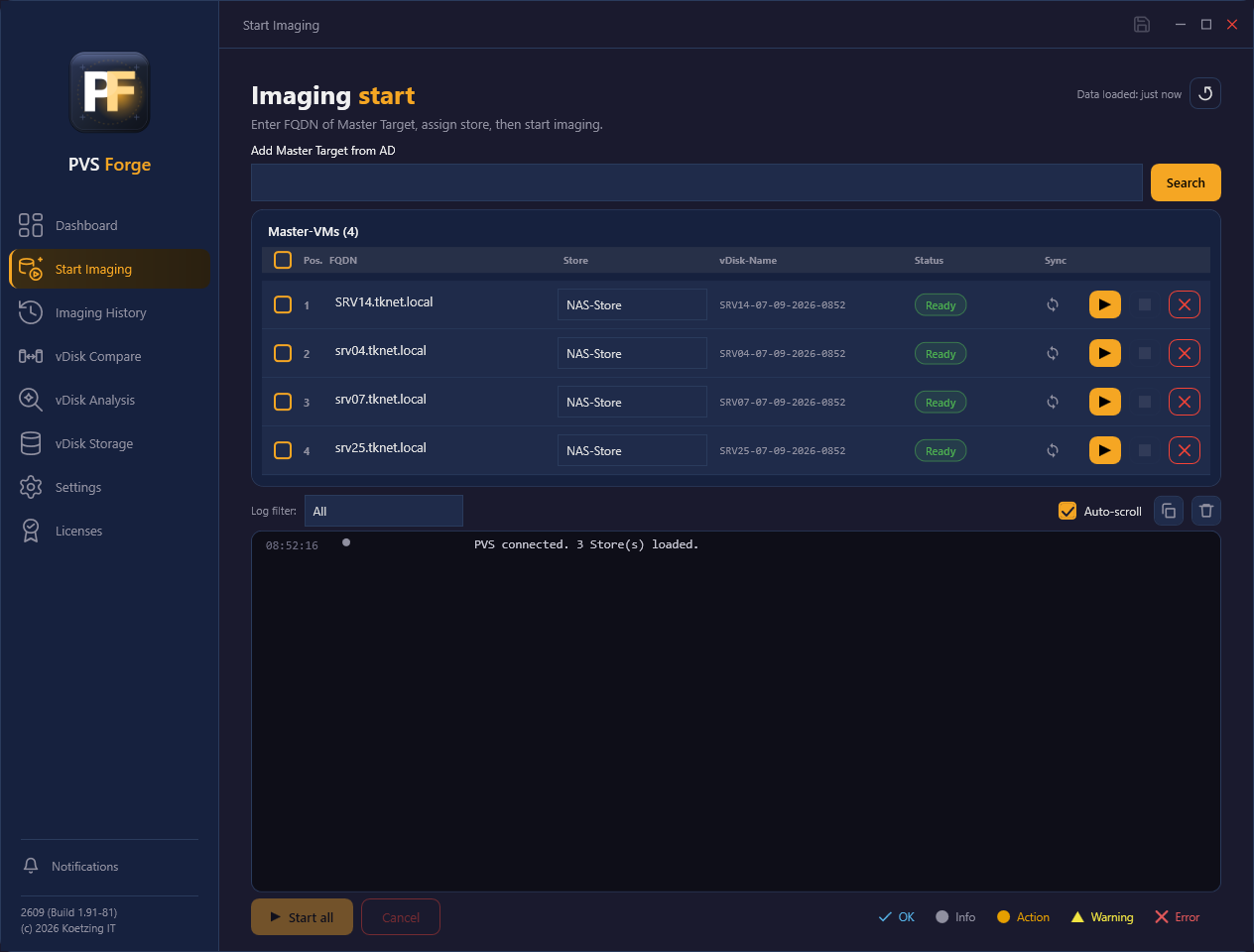 The Start Imaging page with master targets, store assignment and the live log