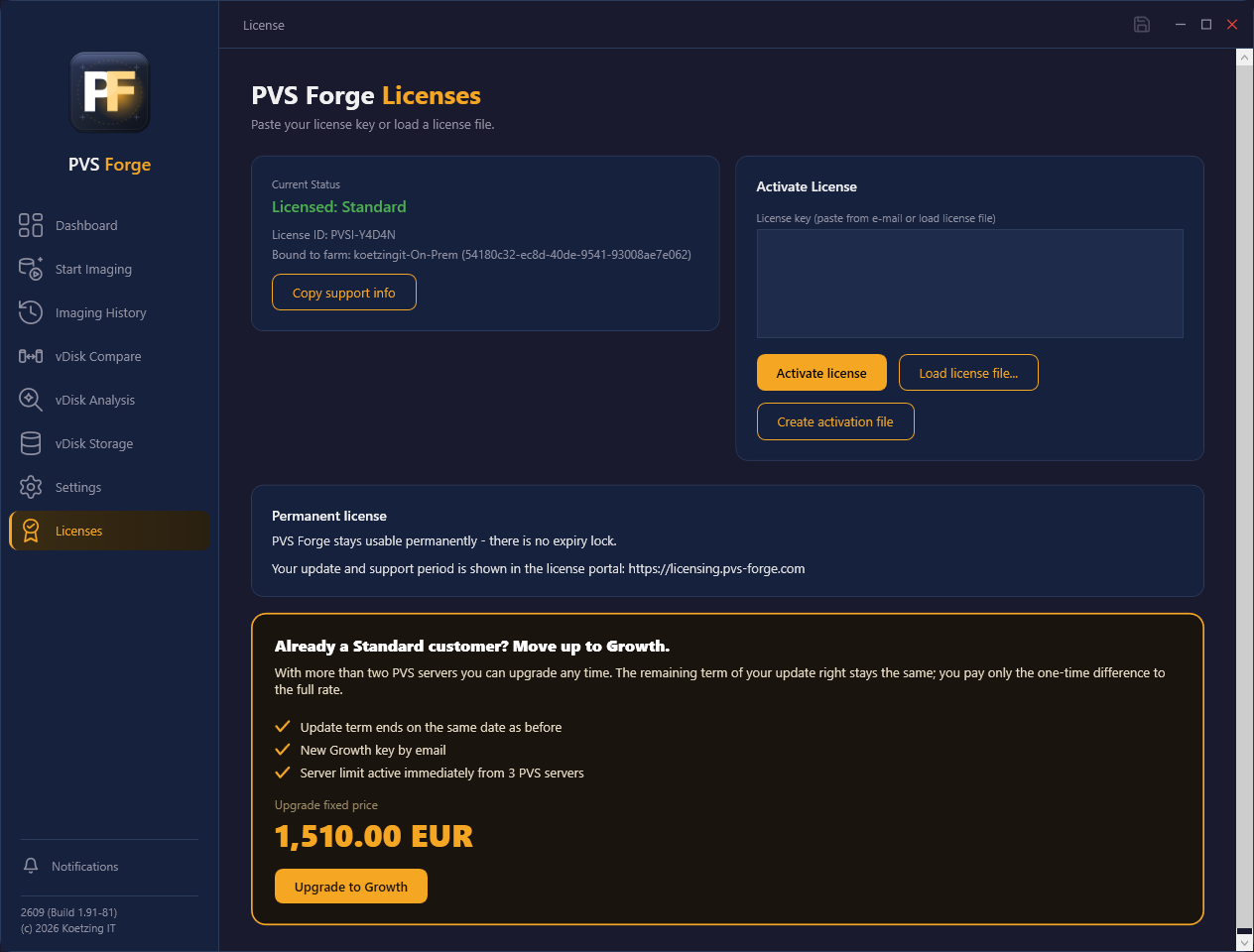 The Licenses page with an activated Standard license and the upgrade offer