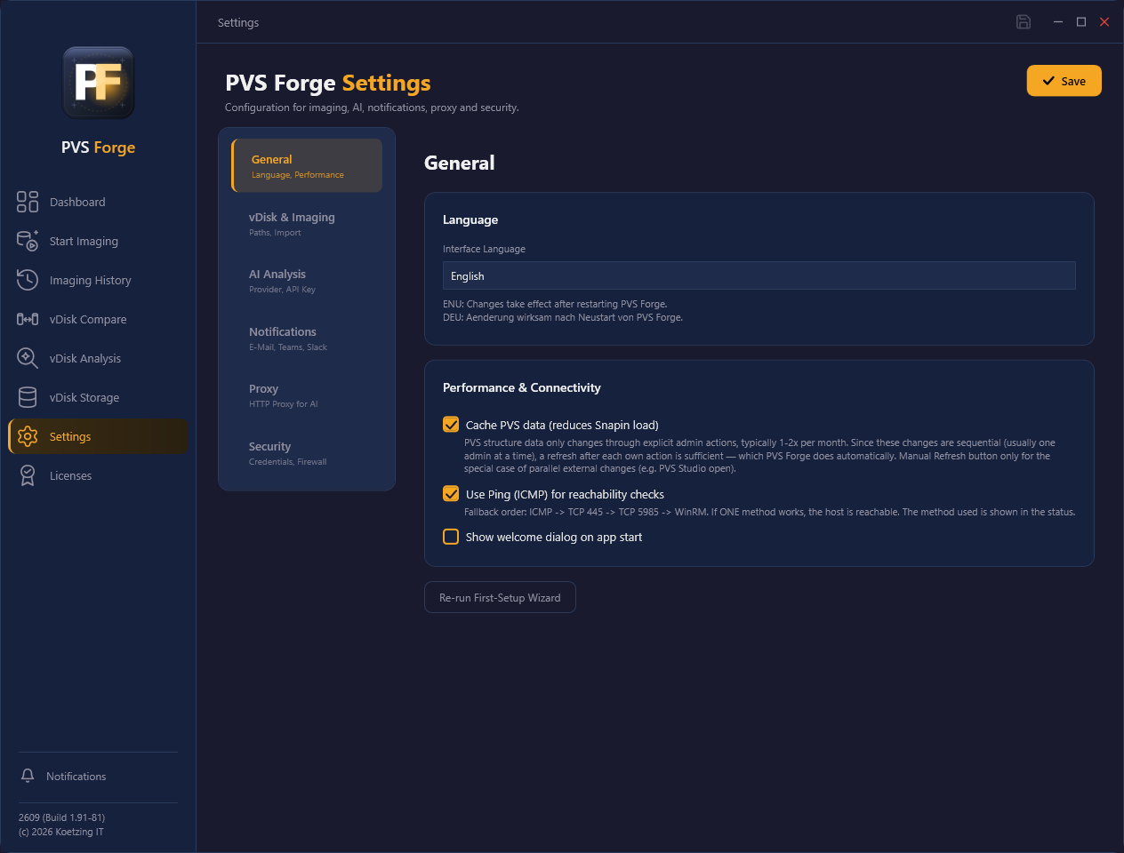 The Settings page, General section with language and performance options